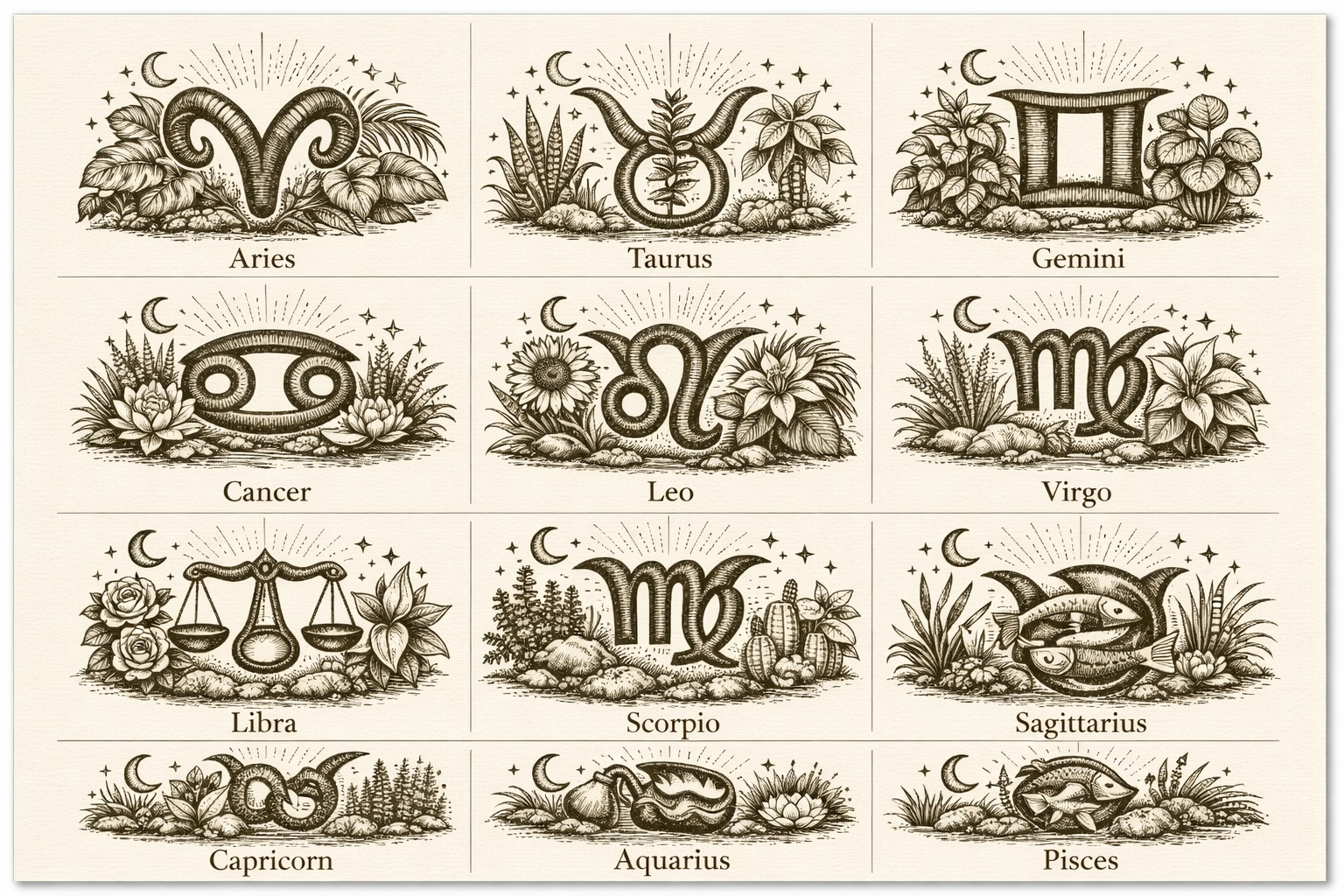 Plant Horoscope overview – zodiac plant match illustration with all 12 signs