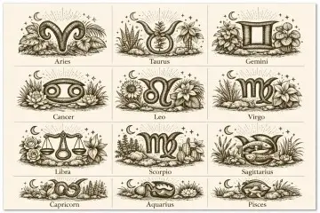 Plant Horoscope overview – zodiac plant match illustration with all 12 signs